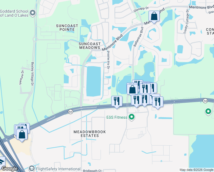map of restaurants, bars, coffee shops, grocery stores, and more near 17441 Cricket Chirp Loop in Land O' Lakes