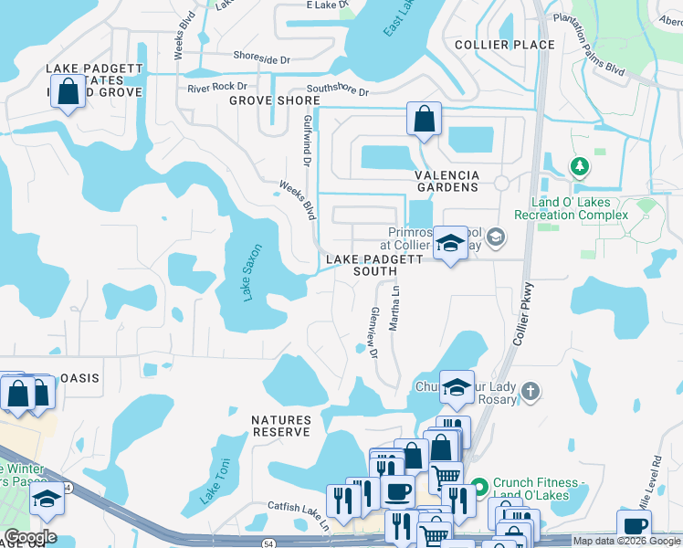 map of restaurants, bars, coffee shops, grocery stores, and more near 2736 Shadecrest Road in Land O' Lakes
