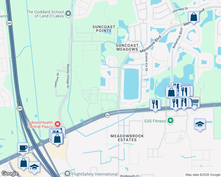 map of restaurants, bars, coffee shops, grocery stores, and more near 2706 Heathgate Way in Land O' Lakes