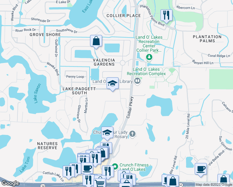 map of restaurants, bars, coffee shops, grocery stores, and more near 22844 Weeks Boulevard in Land O' Lakes