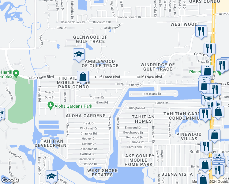 map of restaurants, bars, coffee shops, grocery stores, and more near 2621 Baltic Place in Holiday