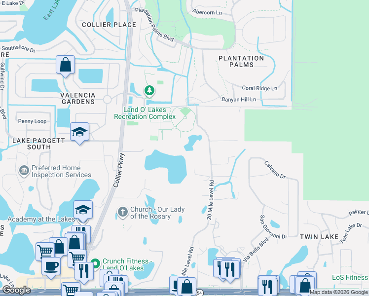 map of restaurants, bars, coffee shops, grocery stores, and more near 2609 20 Mile Level Road in Land O' Lakes