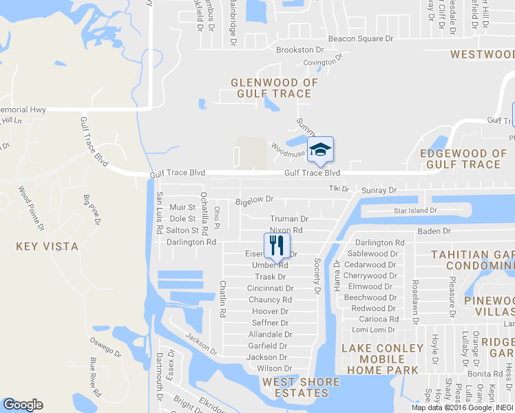 map of restaurants, bars, coffee shops, grocery stores, and more near 2621 Edison Pl in Holiday