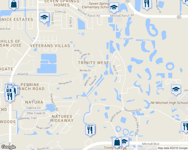 map of restaurants, bars, coffee shops, grocery stores, and more near 2617 Palesta Drive in Trinity