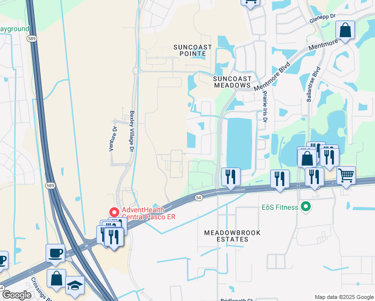 map of restaurants, bars, coffee shops, grocery stores, and more near 17003 Odessa Drive in Land O' Lakes