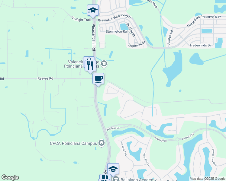 map of restaurants, bars, coffee shops, grocery stores, and more near 3413 Bellissimo Avenue in Kissimmee