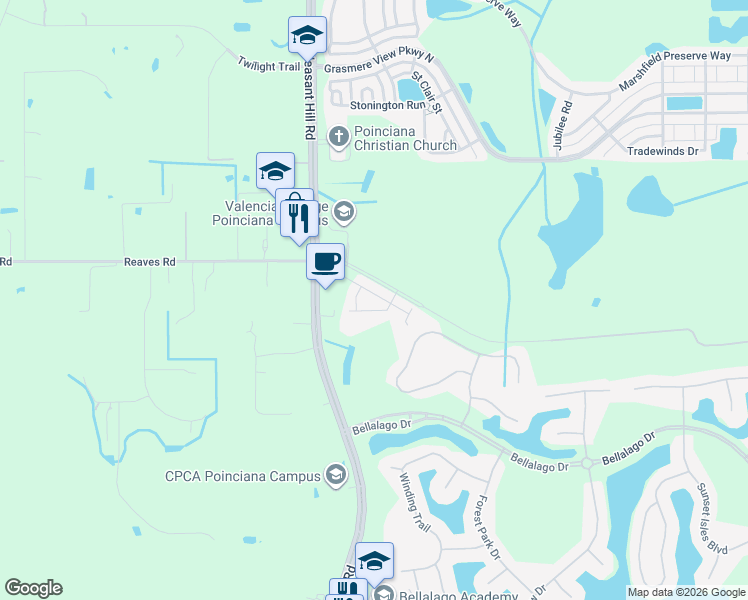 map of restaurants, bars, coffee shops, grocery stores, and more near 3413 Bellissimo Avenue in Kissimmee