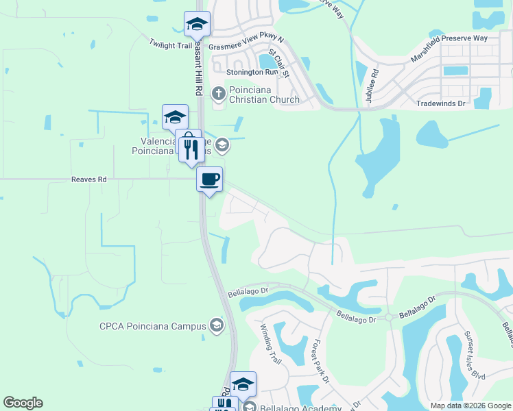 map of restaurants, bars, coffee shops, grocery stores, and more near 3271 Cortana Drive in Kissimmee