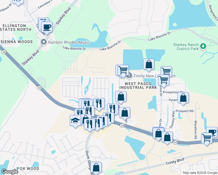 map of restaurants, bars, coffee shops, grocery stores, and more near 2622 Lake Haven Drive in New Port Richey