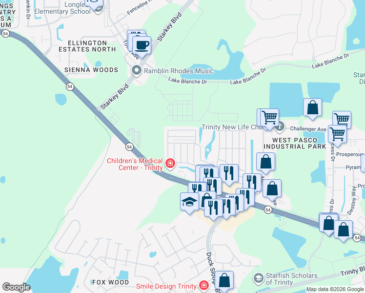 map of restaurants, bars, coffee shops, grocery stores, and more near 2621 Coachlite Drive in New Port Richey
