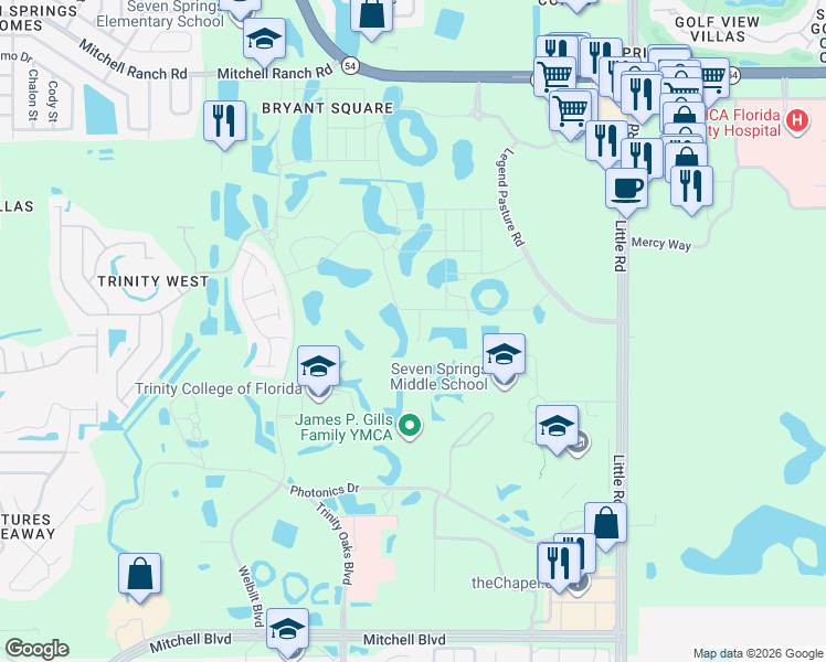 map of restaurants, bars, coffee shops, grocery stores, and more near Unnamed Road in Trinity
