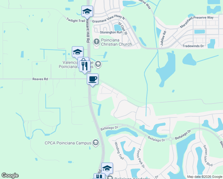 map of restaurants, bars, coffee shops, grocery stores, and more near 3271 Cortana Drive in Kissimmee