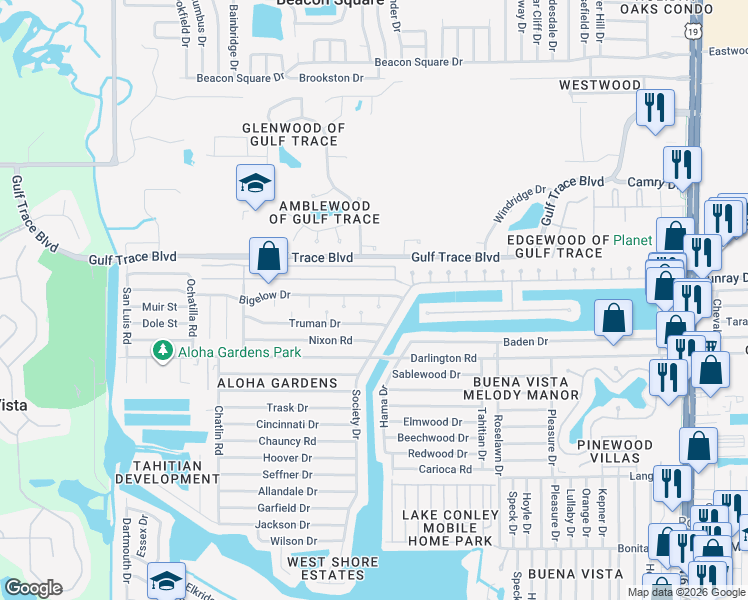map of restaurants, bars, coffee shops, grocery stores, and more near 3638 Bigelow Drive in Holiday