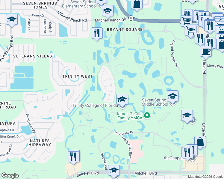map of restaurants, bars, coffee shops, grocery stores, and more near 2612 Micah Drive in Trinity