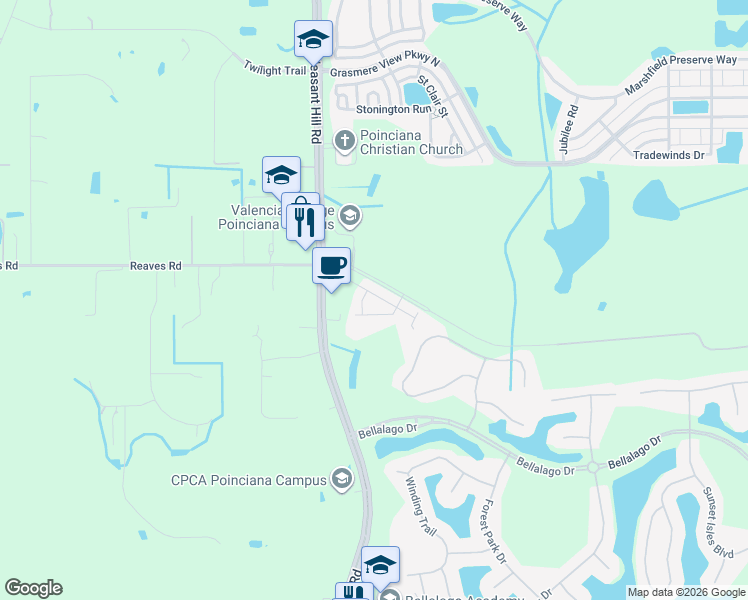 map of restaurants, bars, coffee shops, grocery stores, and more near 3413 Bellissimo Avenue in Kissimmee