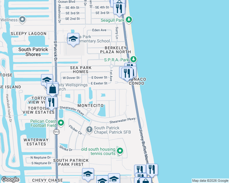map of restaurants, bars, coffee shops, grocery stores, and more near 676 Carlsbad Drive in Satellite Beach