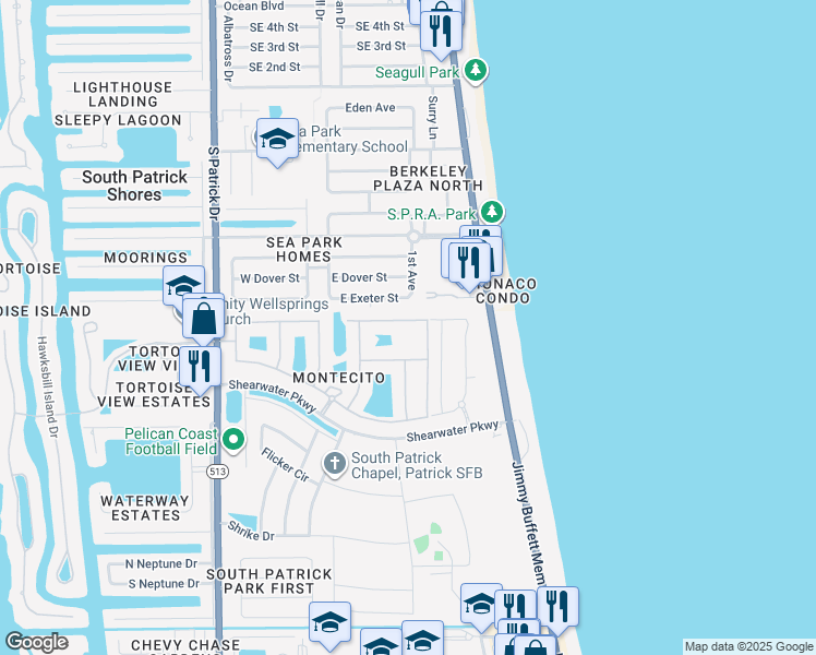 map of restaurants, bars, coffee shops, grocery stores, and more near 113 Redondo Drive in Satellite Beach