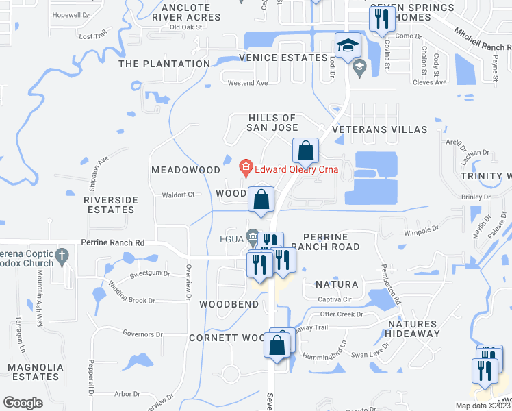 map of restaurants, bars, coffee shops, grocery stores, and more near 6914 Oldgate Circle in New Port Richey