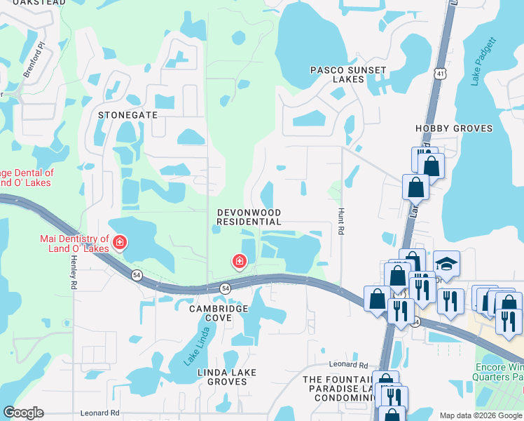map of restaurants, bars, coffee shops, grocery stores, and more near 2732 Devonoak Boulevard in Land O' Lakes