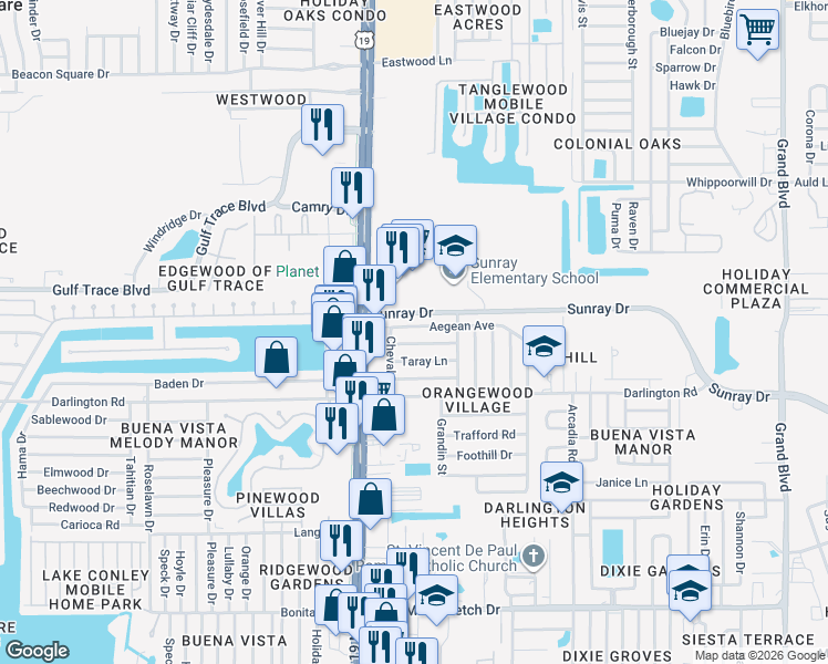 map of restaurants, bars, coffee shops, grocery stores, and more near 4614 Aegean Avenue in Holiday