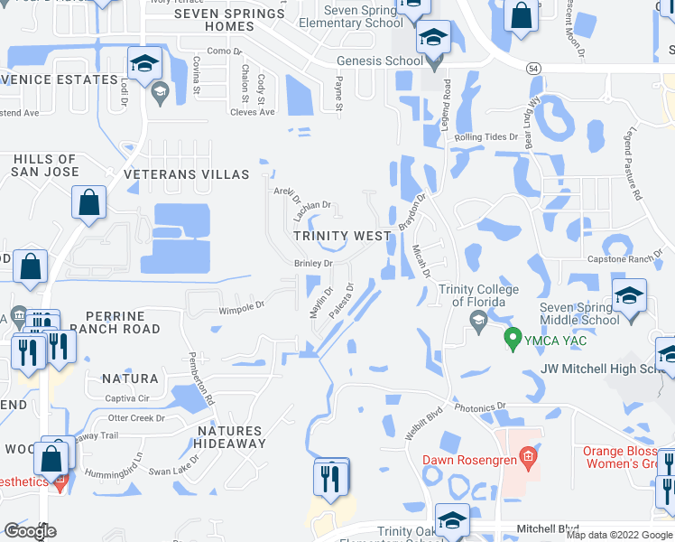 map of restaurants, bars, coffee shops, grocery stores, and more near 2617 Palesta Drive in Trinity
