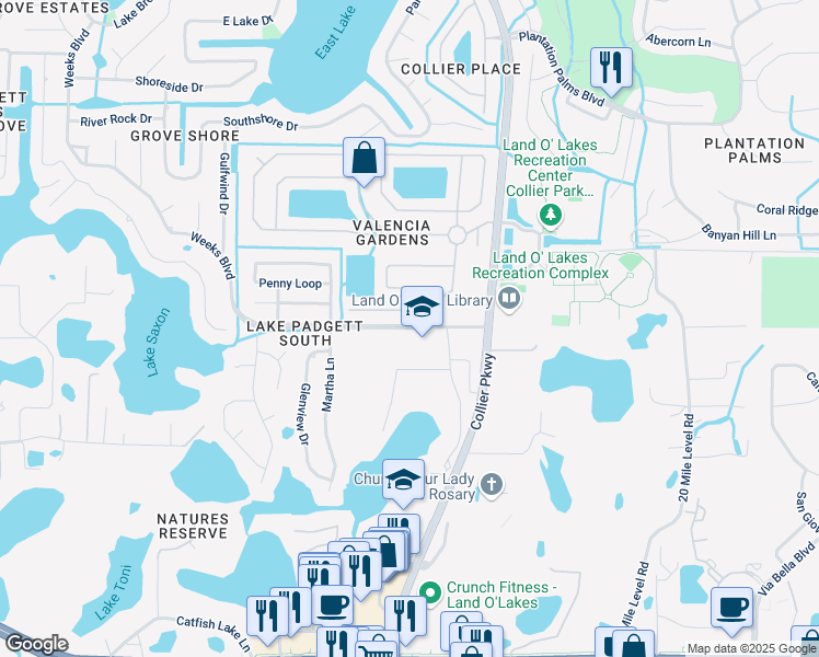 map of restaurants, bars, coffee shops, grocery stores, and more near 22844 Weeks Boulevard in Land O' Lakes
