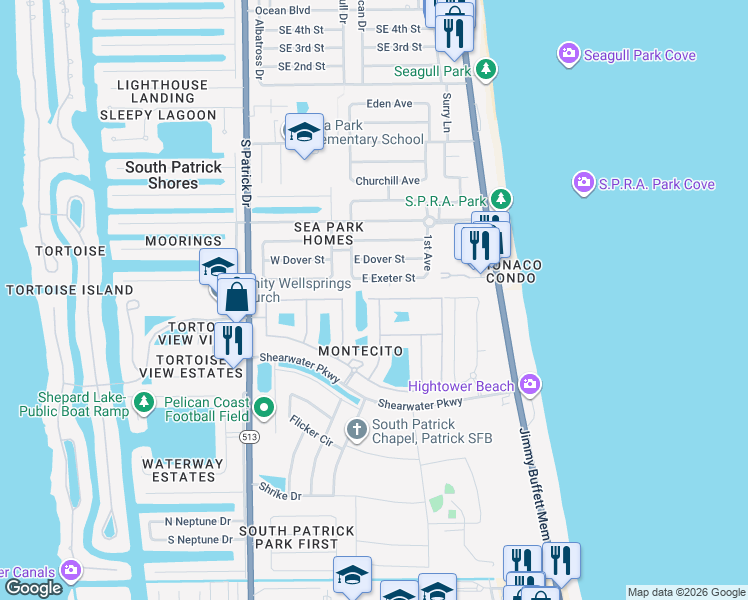 map of restaurants, bars, coffee shops, grocery stores, and more near 680 Ventura Drive in Satellite Beach