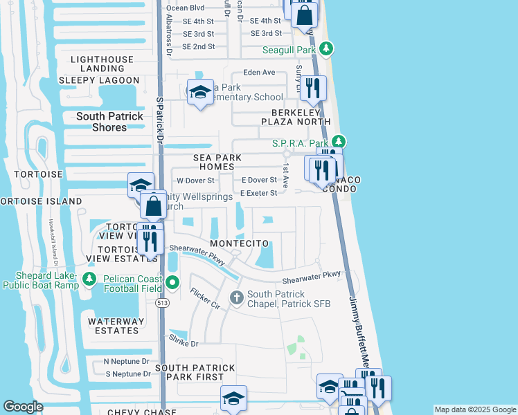 map of restaurants, bars, coffee shops, grocery stores, and more near Redondo Drive in Satellite Beach