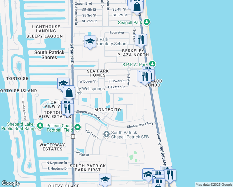 map of restaurants, bars, coffee shops, grocery stores, and more near 680 Ventura Drive in Satellite Beach