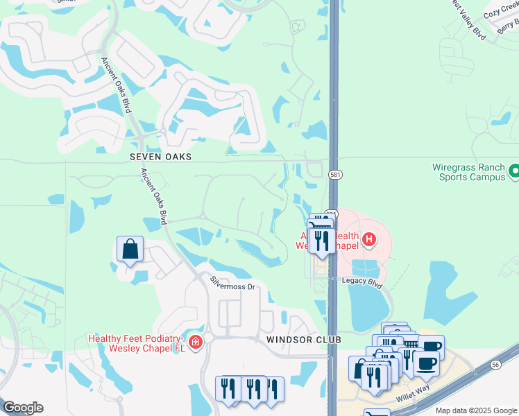 map of restaurants, bars, coffee shops, grocery stores, and more near 2744 Lake Valley PIace in Zephyrhills