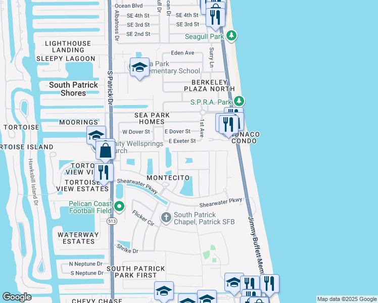 map of restaurants, bars, coffee shops, grocery stores, and more near Redondo Drive in Satellite Beach