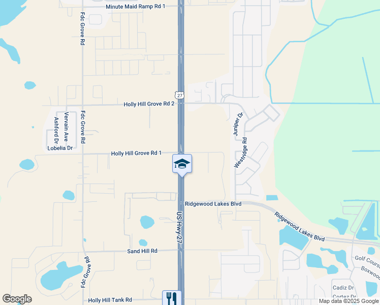 map of restaurants, bars, coffee shops, grocery stores, and more near Holly Hill Grove Road in Polk County