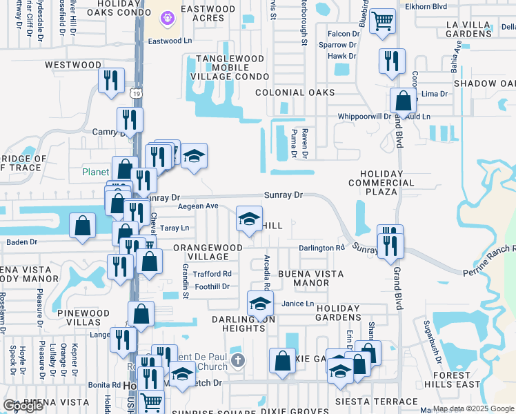 map of restaurants, bars, coffee shops, grocery stores, and more near 2615 Flintwood Drive in Holiday