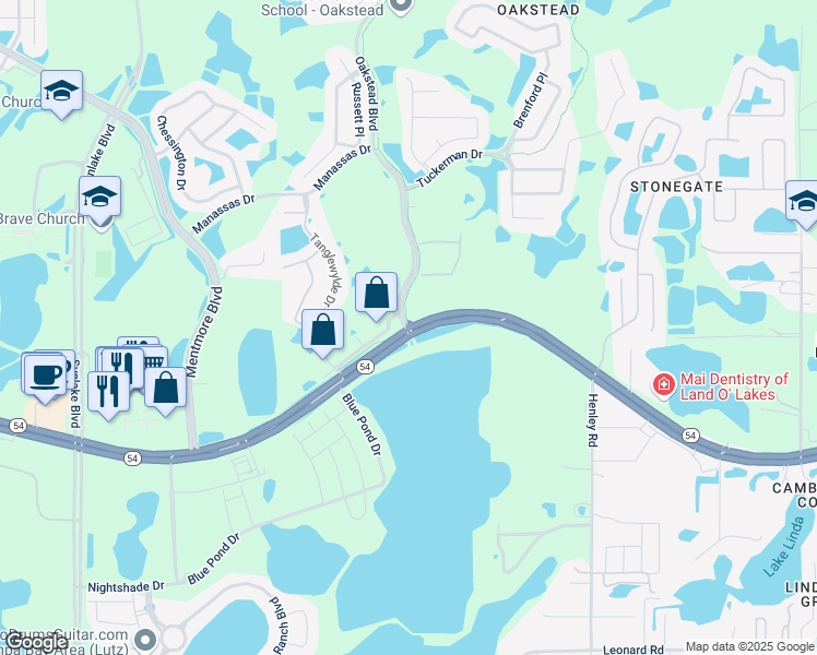map of restaurants, bars, coffee shops, grocery stores, and more near State Route 54 & Oakstead Blvd in Land O' Lakes