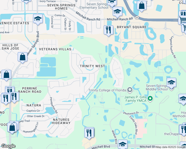 map of restaurants, bars, coffee shops, grocery stores, and more near 2617 Palesta Drive in Trinity