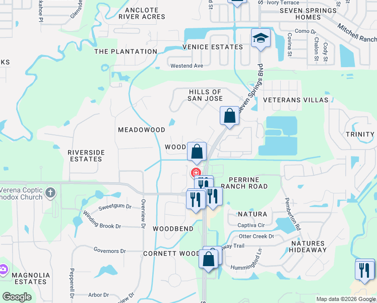 map of restaurants, bars, coffee shops, grocery stores, and more near 6922 Oldgate Circle in New Port Richey