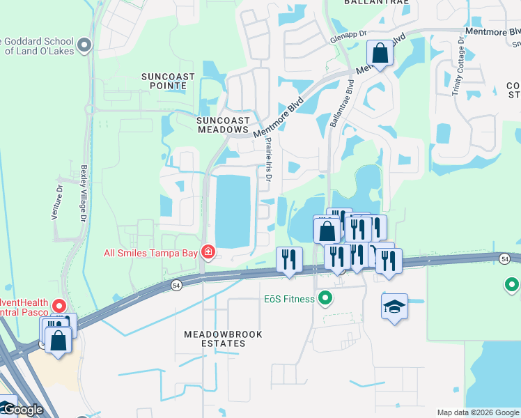map of restaurants, bars, coffee shops, grocery stores, and more near 17451 Cricket Chirp Loop in Land O' Lakes