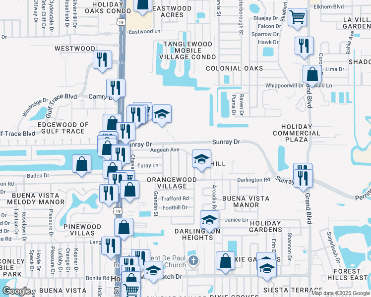 map of restaurants, bars, coffee shops, grocery stores, and more near 2610 Sweetwood Drive in Holiday
