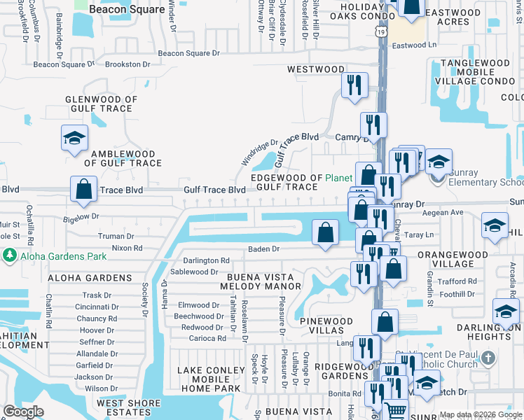 map of restaurants, bars, coffee shops, grocery stores, and more near 2717 Margie Place in Holiday