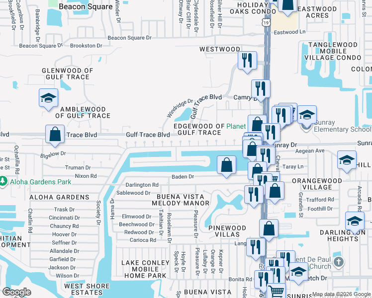 map of restaurants, bars, coffee shops, grocery stores, and more near 4048 Sunray Drive in Holiday