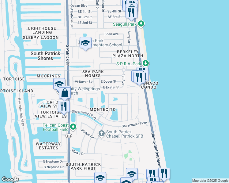 map of restaurants, bars, coffee shops, grocery stores, and more near 128 Redondo Drive in Satellite Beach