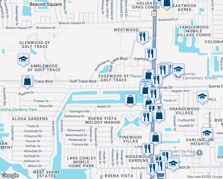 map of restaurants, bars, coffee shops, grocery stores, and more near 4120 Sunray Drive in Holiday