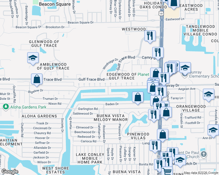 map of restaurants, bars, coffee shops, grocery stores, and more near 2717 Margie Place in Holiday