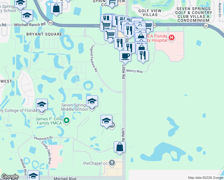 map of restaurants, bars, coffee shops, grocery stores, and more near Legend Pasture Road in Trinity