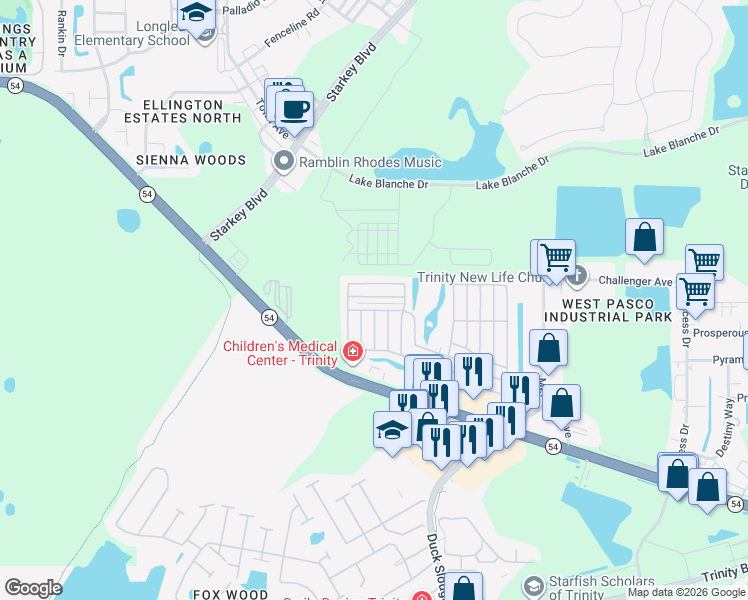 map of restaurants, bars, coffee shops, grocery stores, and more near 10600 Crimson Lane in New Port Richey