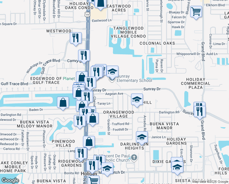 map of restaurants, bars, coffee shops, grocery stores, and more near 4723 Aegean Avenue in Holiday