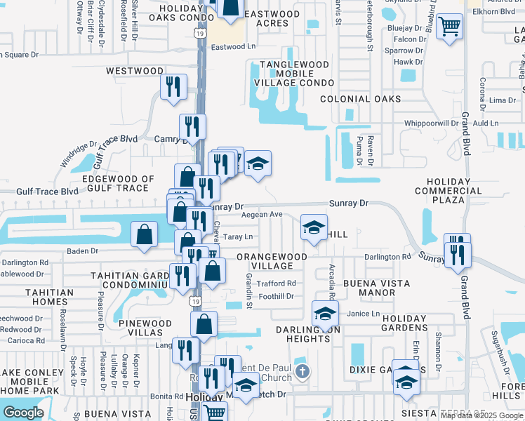 map of restaurants, bars, coffee shops, grocery stores, and more near 4815 Sunray Drive in Holiday