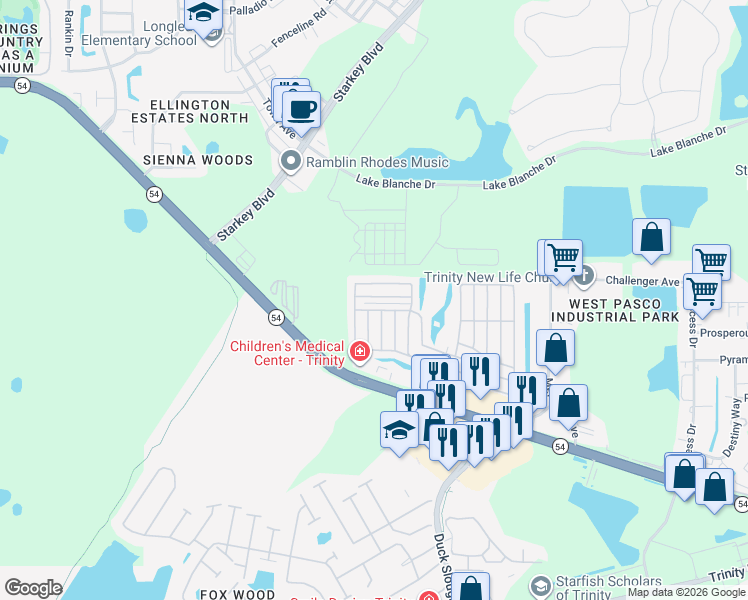 map of restaurants, bars, coffee shops, grocery stores, and more near 10600 Crimson Lane in New Port Richey