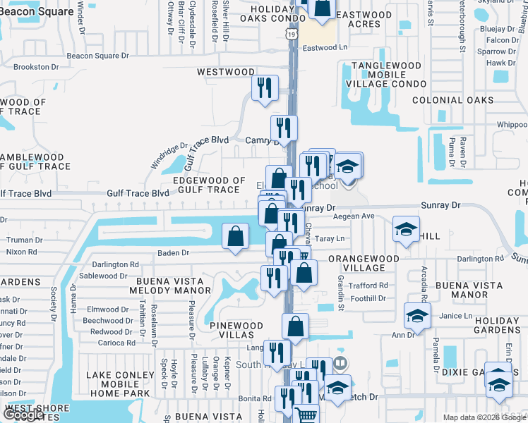 map of restaurants, bars, coffee shops, grocery stores, and more near 2716 Apia Place in Holiday