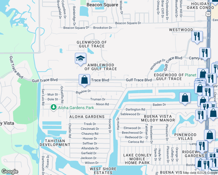 map of restaurants, bars, coffee shops, grocery stores, and more near 3608 Tiki Drive in Holiday